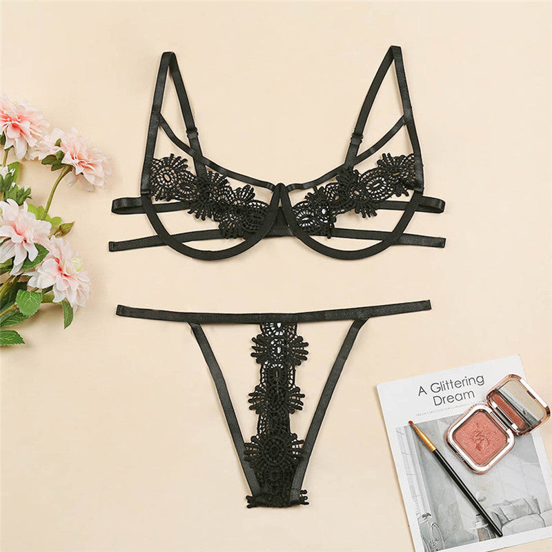 Floral Embroidery Lingerie Set, Cut Out Bra & Thong